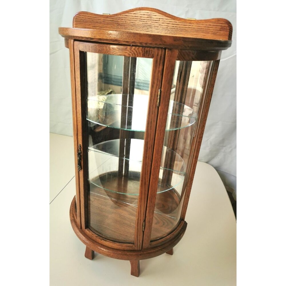 Vintage Wood Curio Cabinet Glass Door Half Round Includes 5 Vintage Figurines